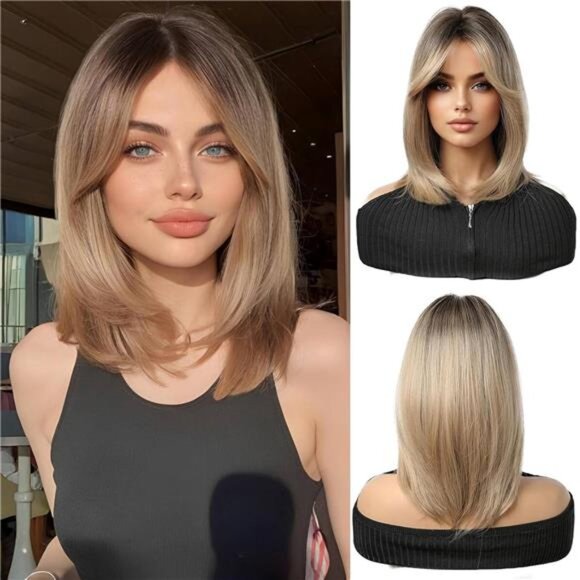 Short Straight Blonde Women's Wig Layered Synthetic Hair Wig with Dark Blonde-9